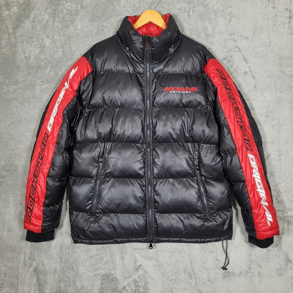ROCKSTAR ORIGINAL Mens XL Puffer Jacket Black Red Logo Print Full Zip